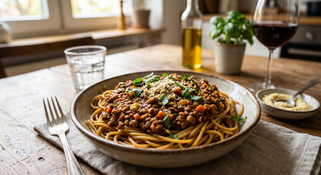 Vegane Linsen-Bolognese mit Spaghetti, angerichtet auf einem Tisch neben einem Glas Rotwein.